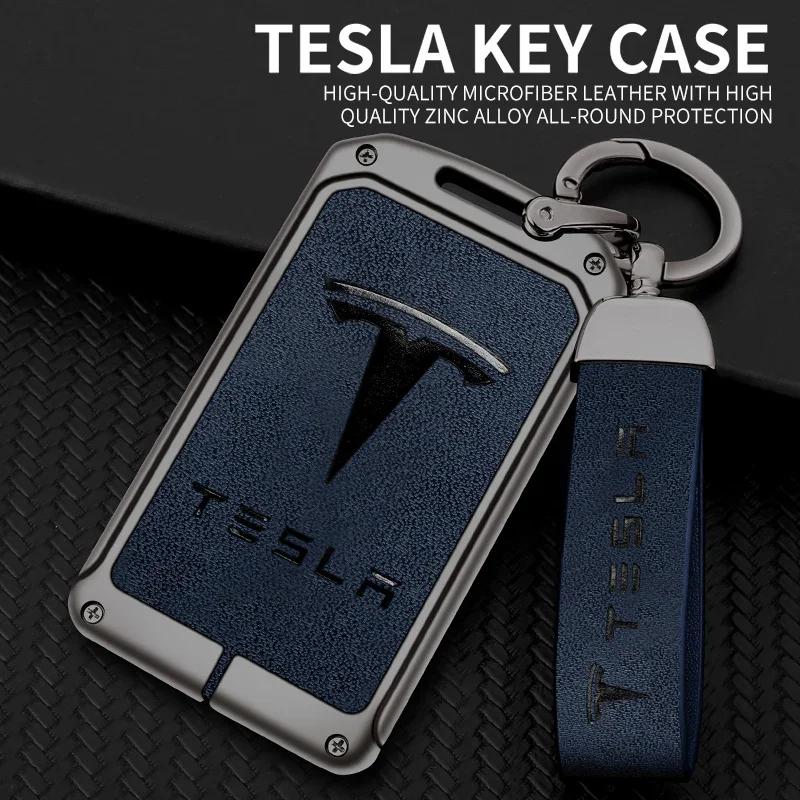 Autoaufkleber 2025 Neu Tesla Zinklegierung Leder Auto Fernschlüssel Abdeckung Schutzhülle Schale Schlüsselanhänger Tasche Für Tesla Model 3 Model Y