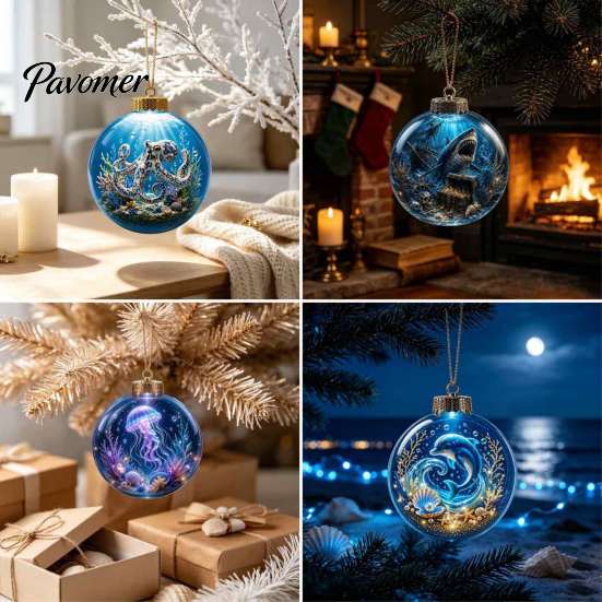 3D Sea Animal LED Lights Ocean Christmas Ball Ornament, Clear Acrylic Life Light-Up Miniature Creatures Decorations Hanging Decoration for Xmas Tree,