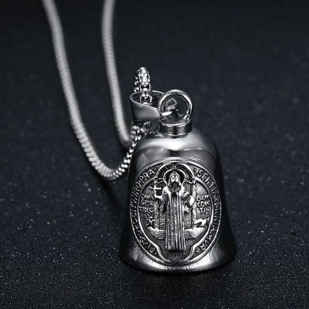 Saint Benedict Motorcycle Guardian Bell Retro Biker Good Luck Charm Religious Cross Key Chain