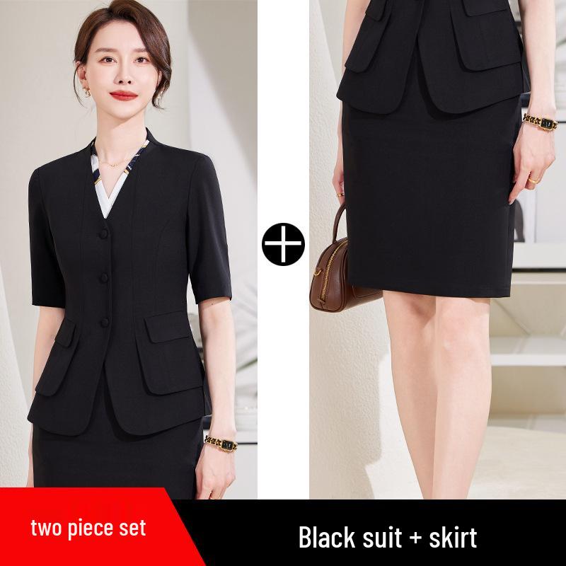 Women's Black Short Sleeve Professional Suit Set for Summer - Elegant Front Desk and Salon Workwear