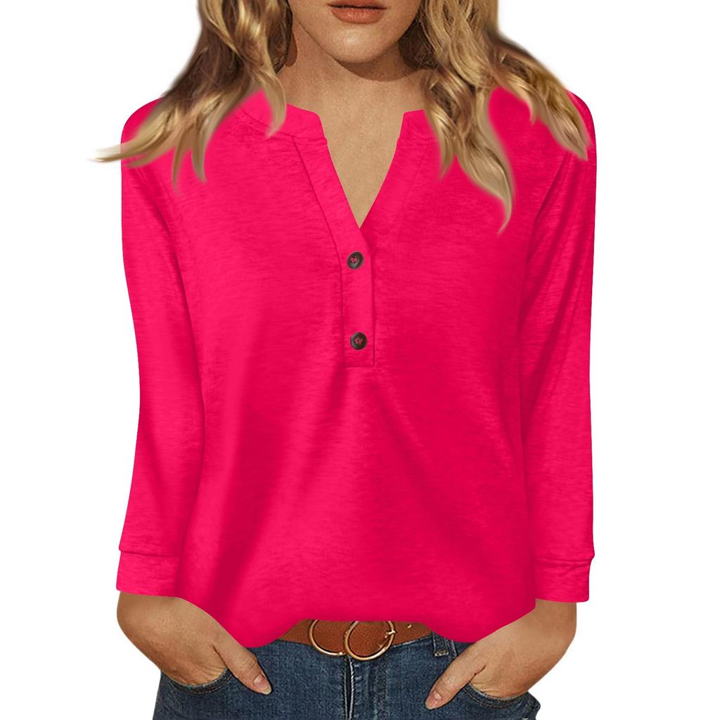 Women's T Shirt Solid Color Button Long Sleeve Daily Weekend Fashion Basic V- Neck Regular Top