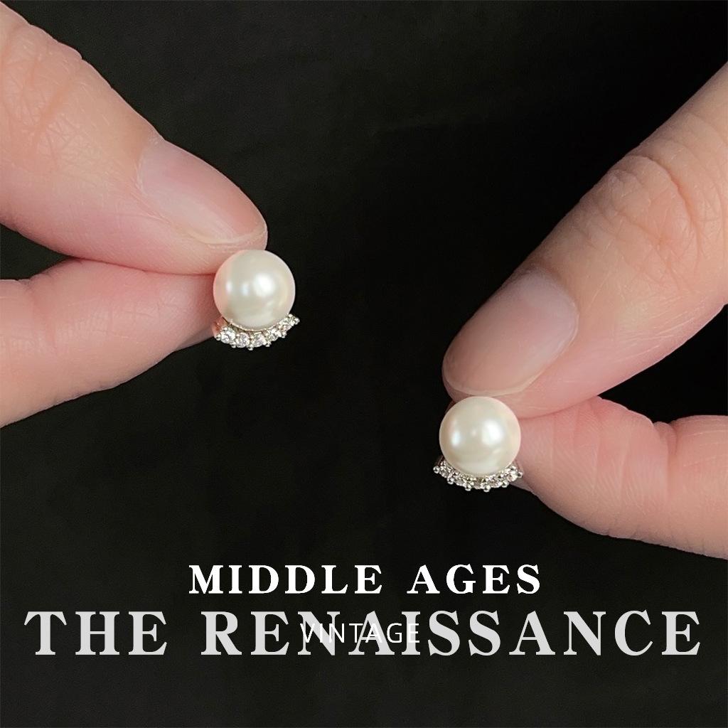 French retro pearl zircon earrings elegant temperament commuter stud earrings