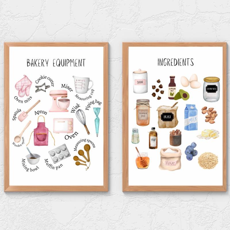 Kids Bake Shop Baking Equipment and Baking Ingredients Art Poster Canvas Painting Wall Print Picture for Living Room Home Decor