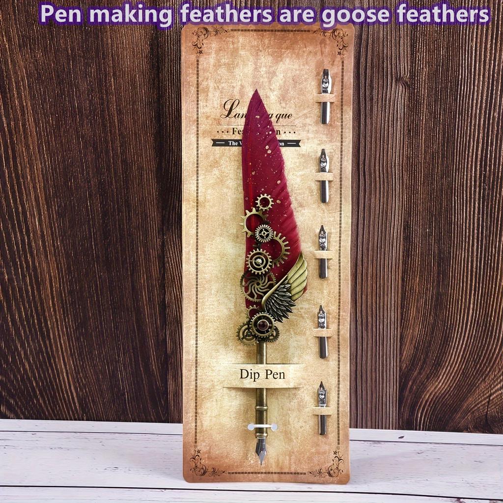 Ambidextrous Mechanical Calligraphy Pen with 5 Personalized Metal Tips, Medium Point, Round Body, Decorative European Retro Feather Quill for Beginner