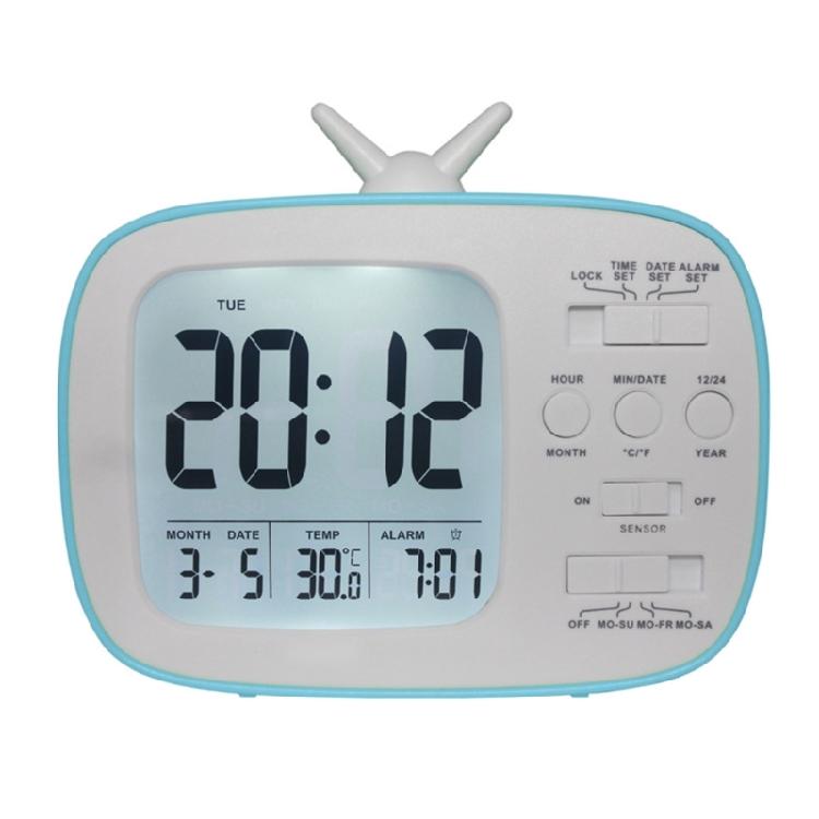 

Сучасний цифровий годинник-будильник для тумбочки з функцією повтору, відображенням температури та календаря, у формі телевізора, для дітей та студентів синій