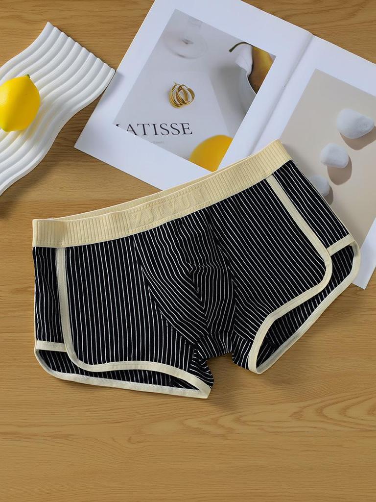 Men's Breathable Cotton Striped Boxer Briefs - Mid-Rise, Antibacterial, XL Size
