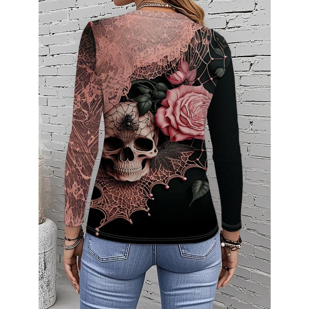 Halloween Skull Pistil  Graphic Print T-Shirt, Long Sleeve Crew Neck Casual Top, Spring Autumn, Women's Clothing