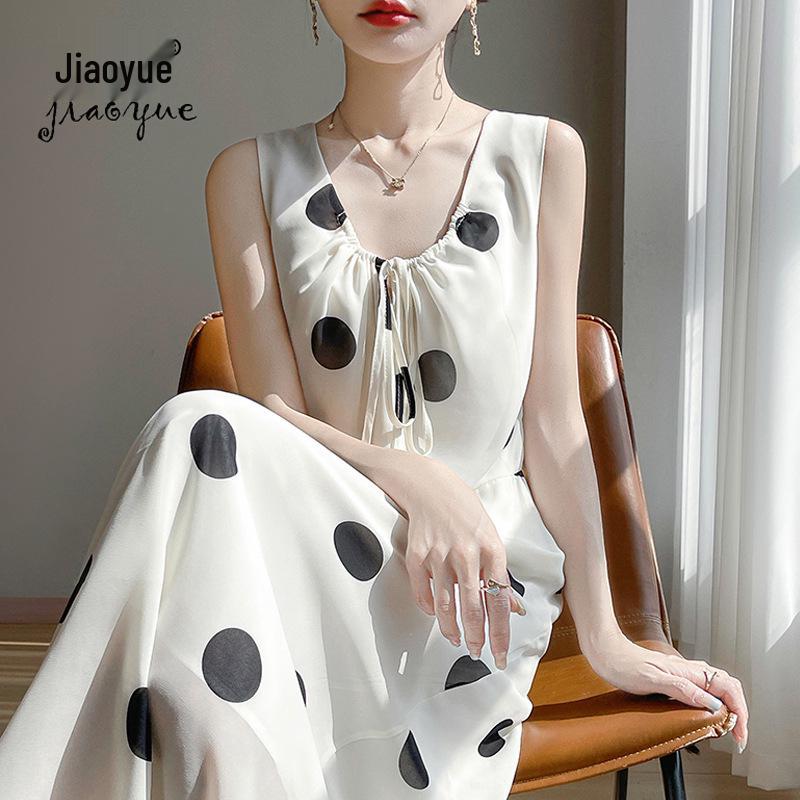 

Georgette U-Neck Sleeveless Polka Dot Tie-Up Long Dress XL чорний