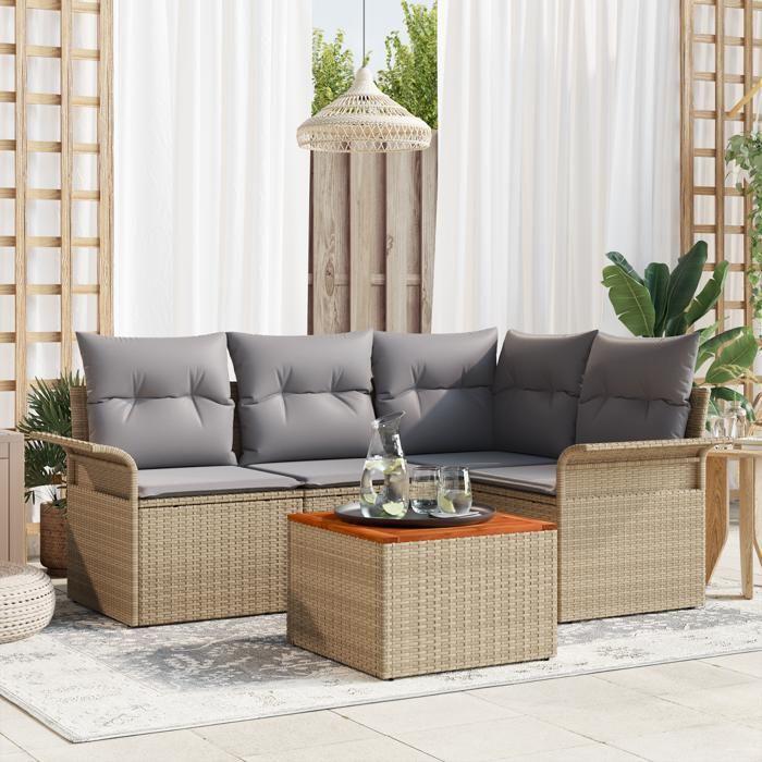 VidaXL Ensemble de canapé de jardin 5 pièces avec coussins beiges en poly rotin et acacia 3347322