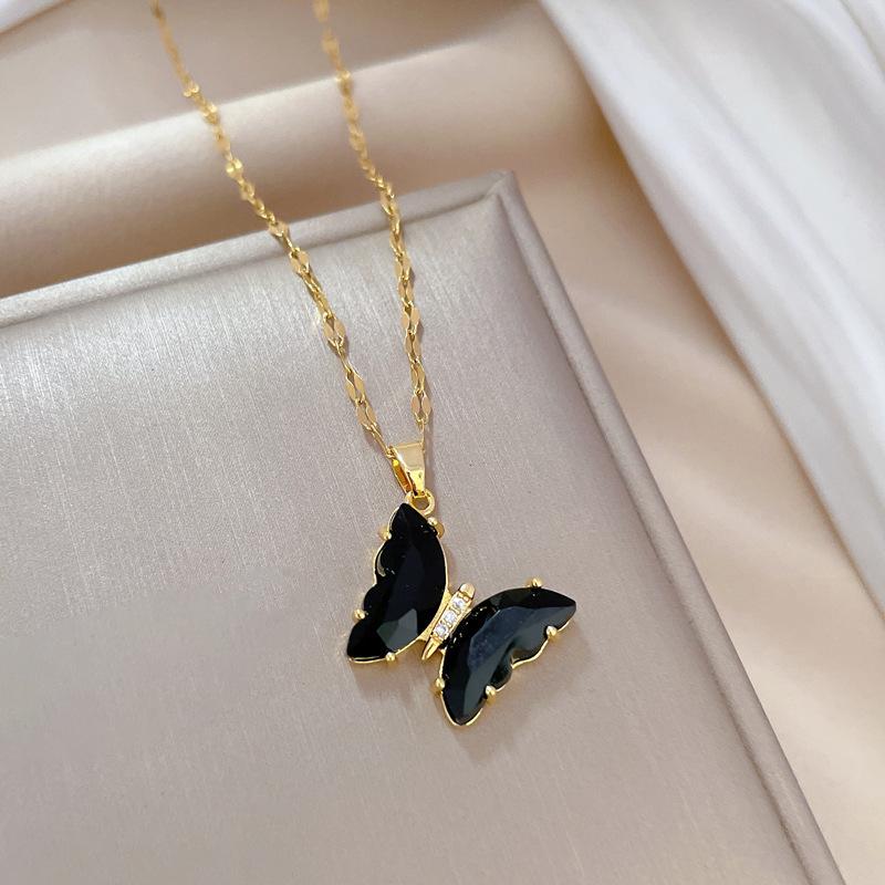 Zircon Butterfly Light Luxury Banquet Wedding Necklace Women'S Versatile Collarbone Chain Titanium Steel Chain