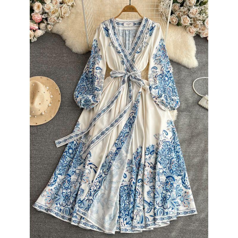 Spring and Autumn Bubble Long Sleeve Elegance Print Dress
