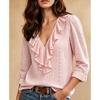 New Women's Long Sleeve V-neck Ruffle Solid Color Elegant Slim Fit Casual Versatile Top for European American Women