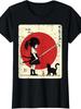 Japanese Samurai Girl Black Cat Kawaii Anime T-Shirt | 2025 Summer Short-Sleeved