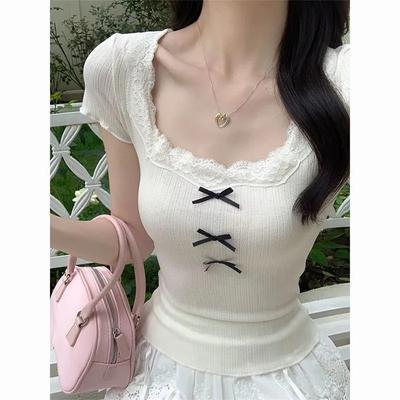 Pure Desire Lace Short-sleeved Women's Summer Style Slim Waist Design Right Shoulder Top