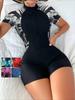 Roupa de Banho Floral One Piece Traje de Banho Feminino Manga Curta Roupa de Banho Zíper Frontal Planta Tropical Proteção Solar para Surfe