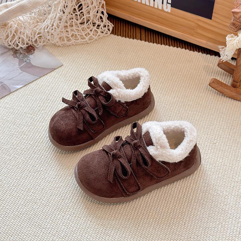 Korean Style Double Bow Furry Winter Shoes for Girls, Ages 1-6, Plus Velvet Cotton.