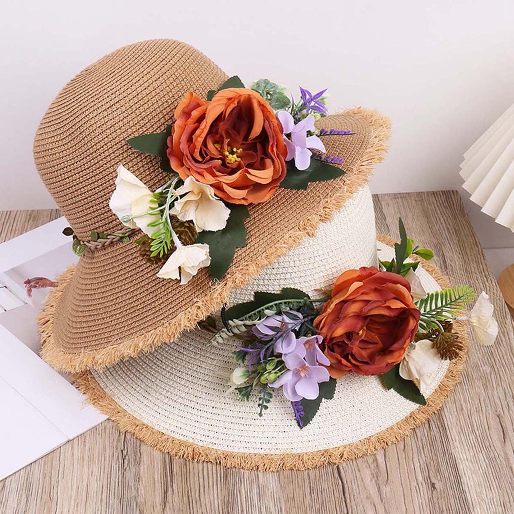 Artificial Flowers Wide Brim Straw Hat Women Stylish Foldable Sun Hat Lightweight UV Protection Summer Beach Caps for Outdoor