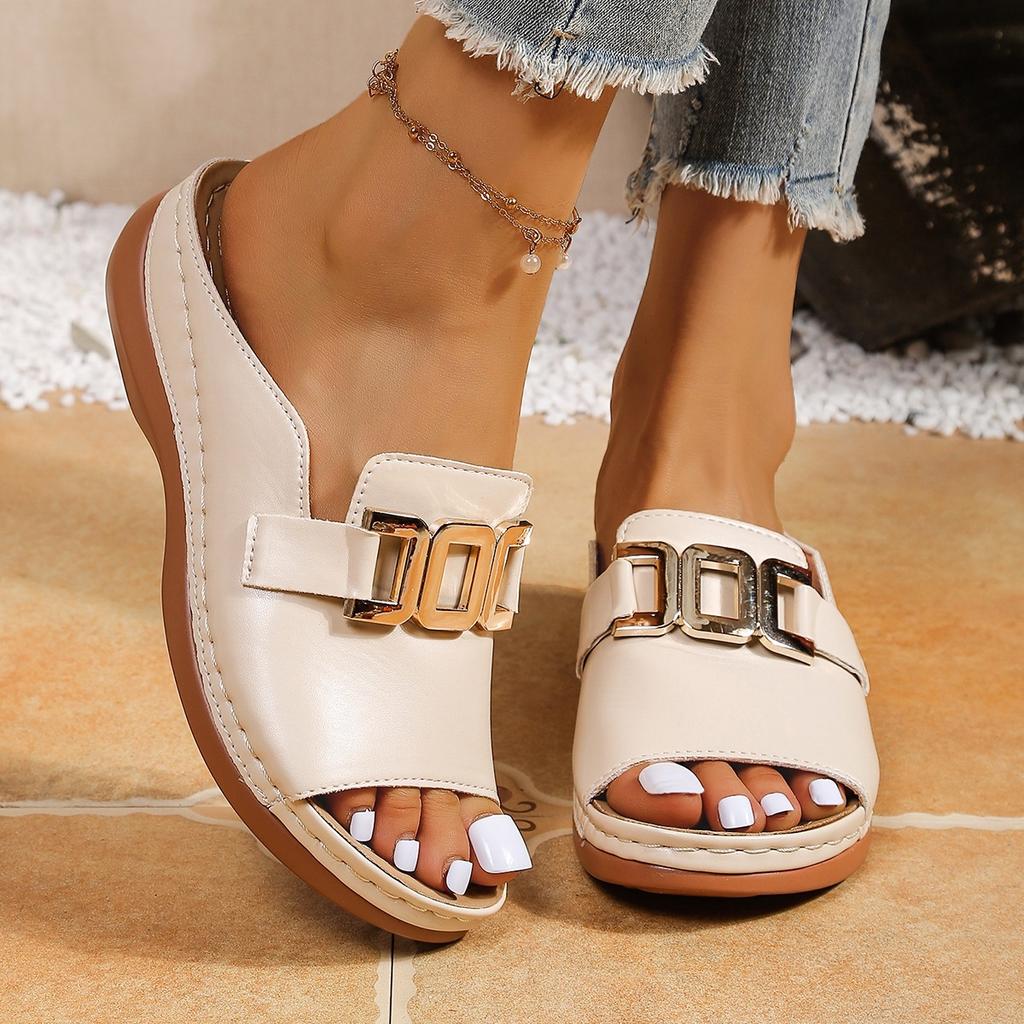 Women's Plus Size Wedge Thick Sole Slippers, Summer New European Style Buckle Open Toe Casual Beach Slides