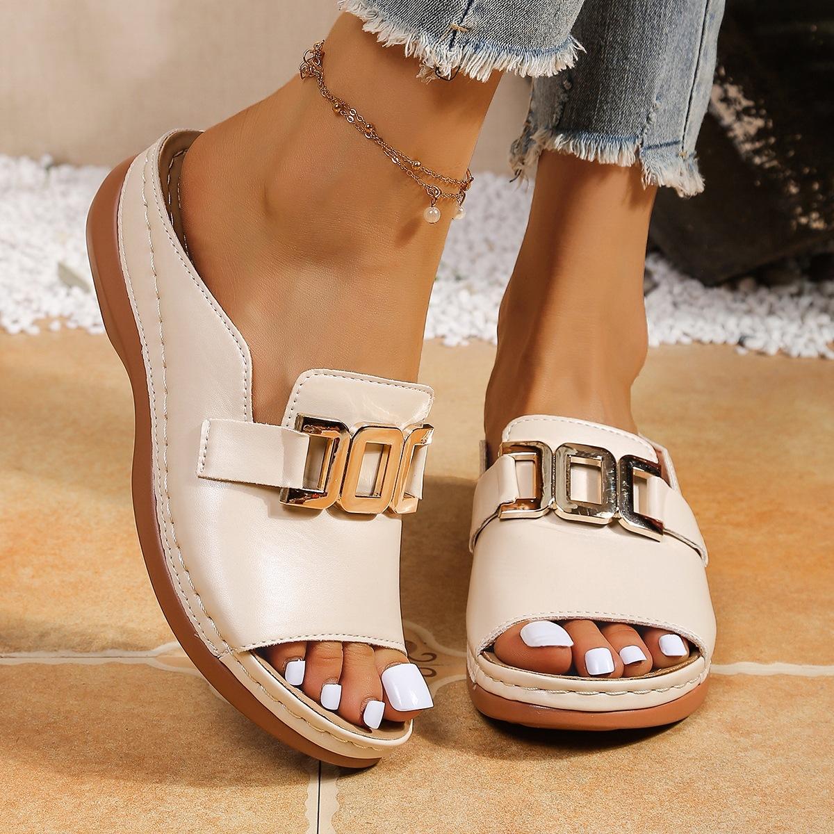 Women s Plus Size Wedge Thick Sole Slippers, Summer New European Style Buckle Open Toe Casual Beach Slides 36 бежевый