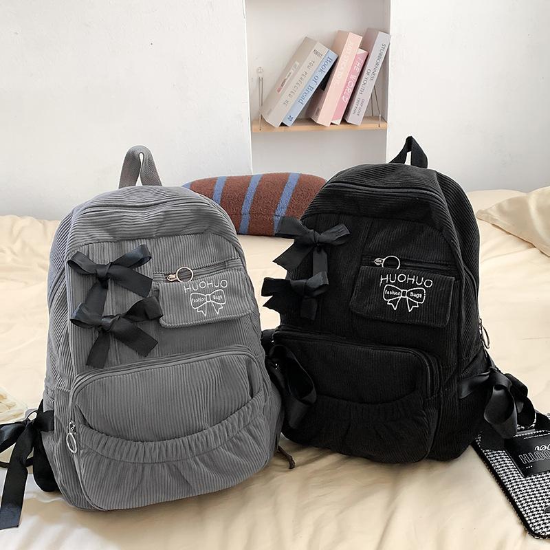 Schoolbag Japanese ins School Bag Junior High School Girls College Student Backpack Ribbon Bow Corduroy Backpack School Bag