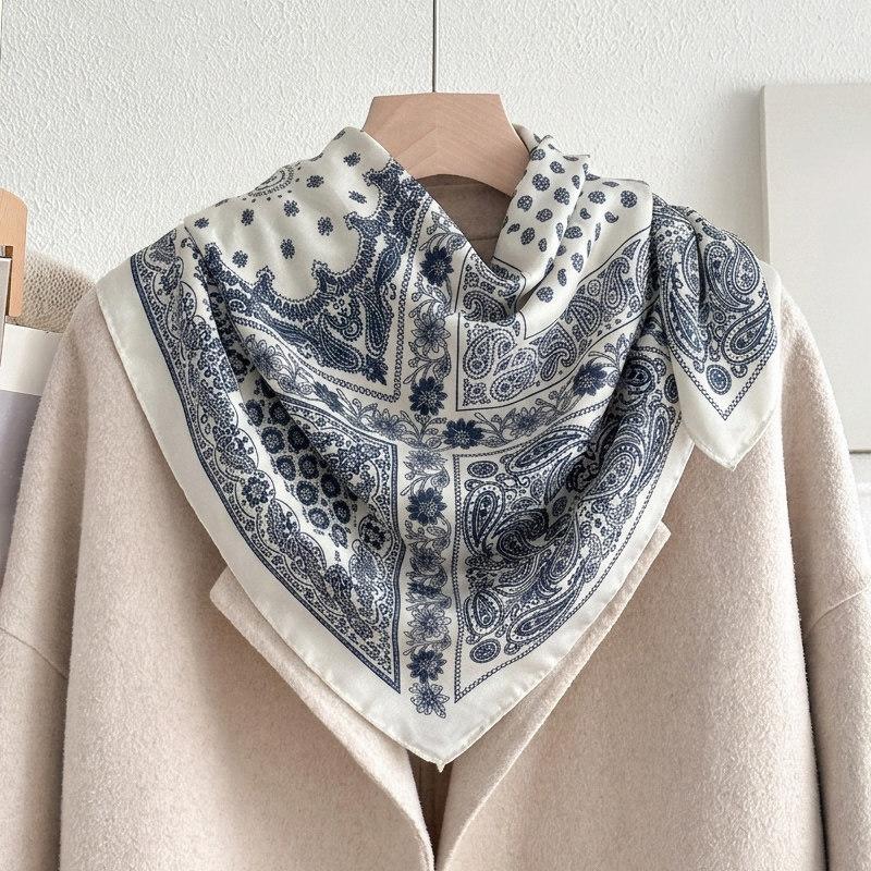 71 Cotton and Linen Retro Wind Green Geometric Small Square Scarf Silk Scarf Women's New Neck Protection Small Scarf Silk Scarf Neck High Sense