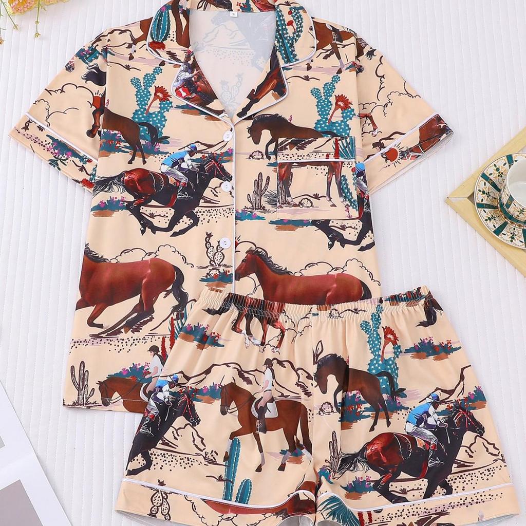 2025 Summer Multi-Color Print Short Sleeve Shorts Homewear Set