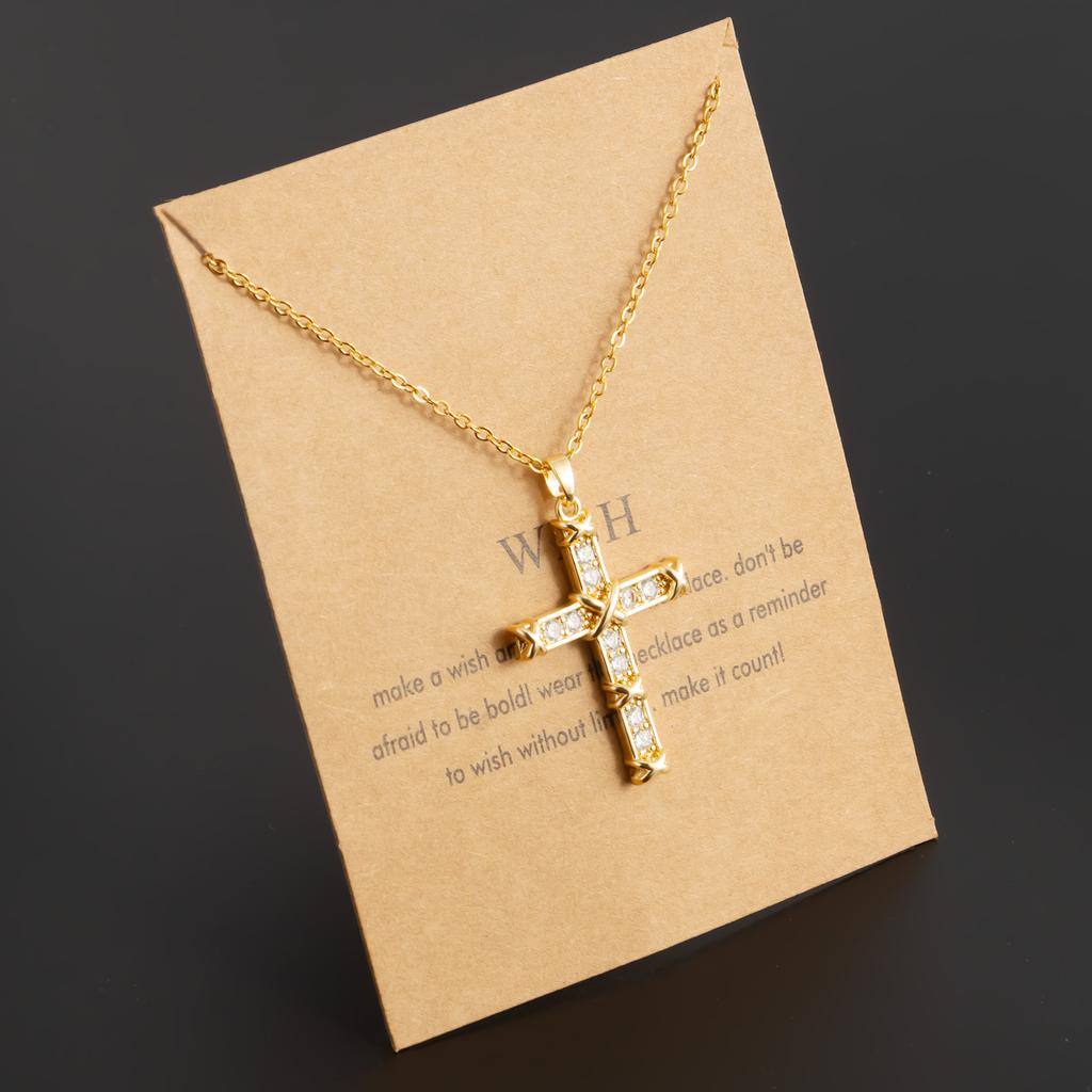 Cubic Zirconia Diamond Minimalist Cross Pendant for Women's Fashionable Stainless Steel Golden Sexy Jewelry Gift Party Necklace