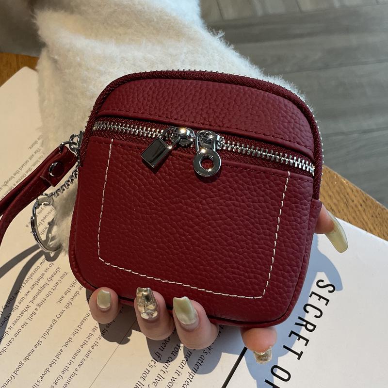 2025 Women's Genuine Leather Compact Wallet and Keychain - Lipstick, Earphone, and Coin Storage