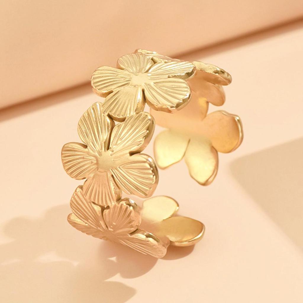 Adjustable Floral Gold-Plated Stainless Steel Ring - Fade Resistant, European & American Resort Style for Women