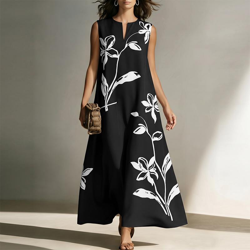 ZANZEA Women Boho Print Loose Casual Round Neck Sleeveless Long Dress