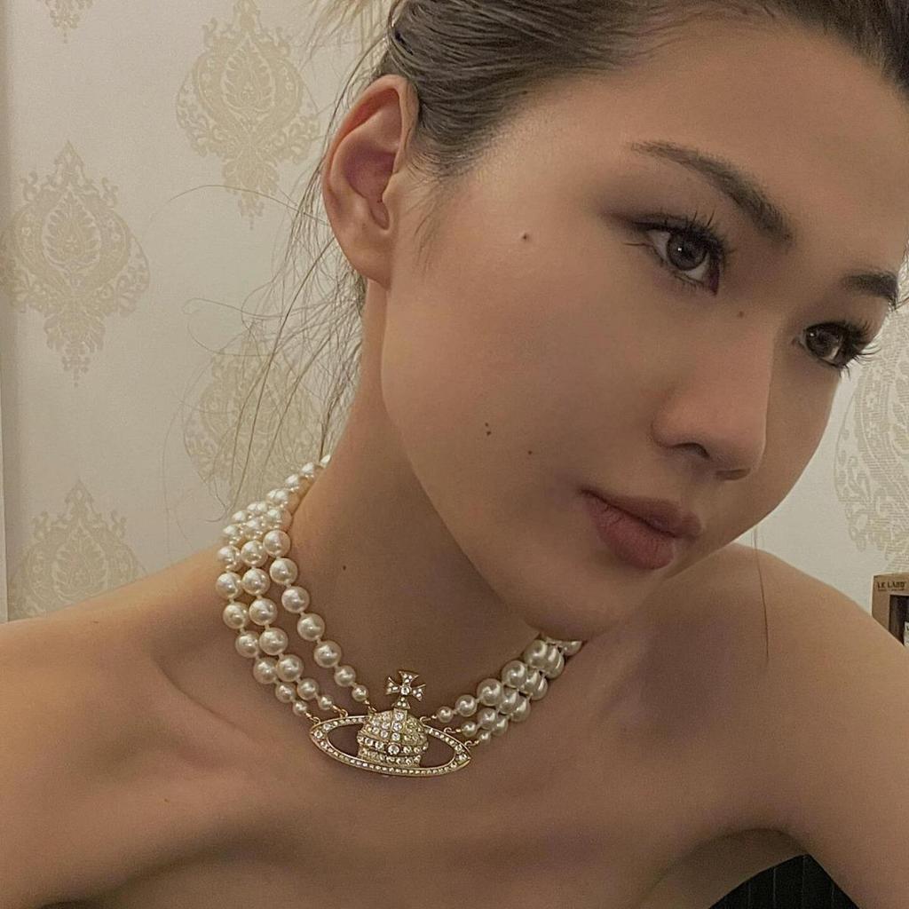 Vivienne High-End Three-Layer Pearl & Diamond Saturn Necklace for Women