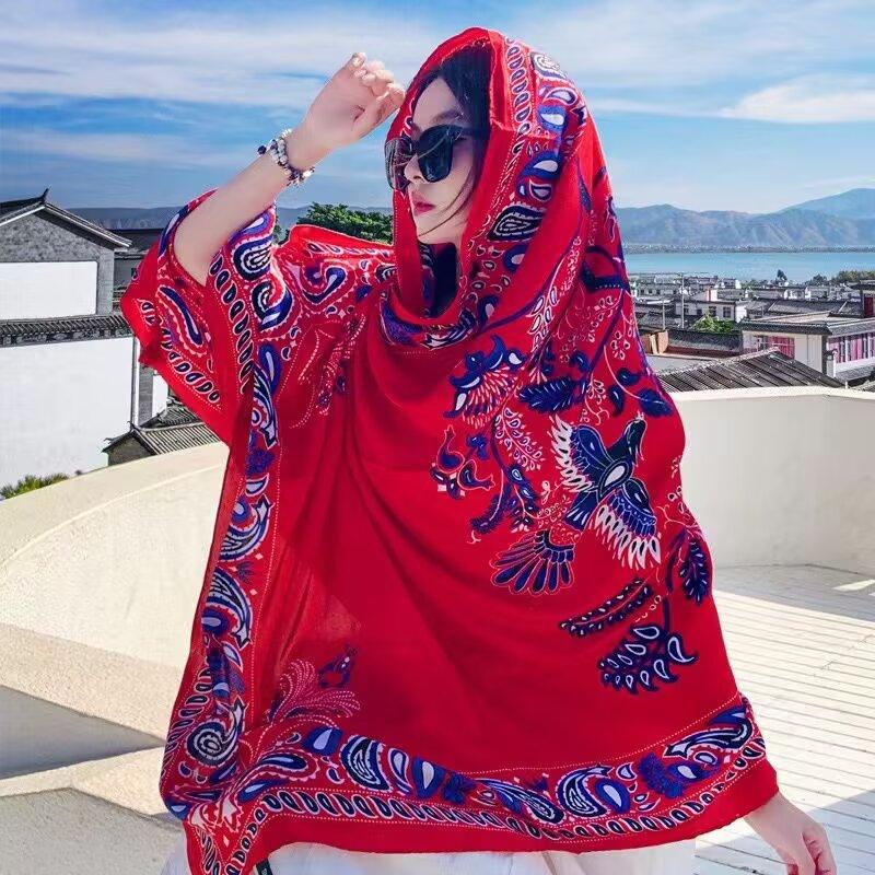 180Cmflower Printed Silk Scarf Ethnic-Style Twill Cotton Scarf Multi-Functional Travel Sun Protection Shawl Women'S Headscarf