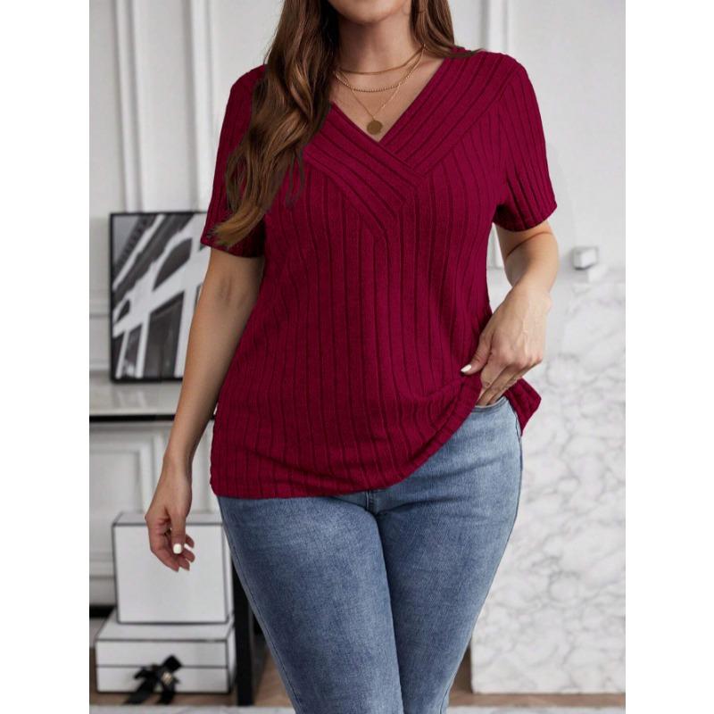 Summer Cross V-Neck Plus Size Short Sleeve Women Blouse Pit Strip Solid Color Top Fashion Loose Casual Elegant Simple T-shits Female Office Tee Shirts