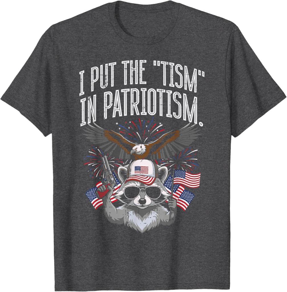 I Put The Tism In Patriotism Raccoon Funny Graphic Print Round Neck Cotton T Shirt Casual Tops