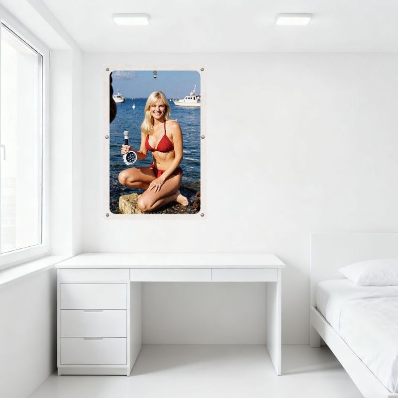 Summer Beach Blonde Woman Red Bikini Seaside Rocky Shore Tin Sign Vintage Metal Poster Wall Decor for Home Bar Pub 8x12 Inch