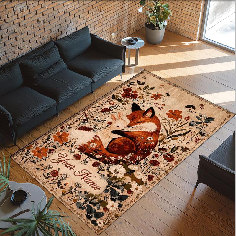 Fox Theme Crystal Velvet Floor Rug Personalized Custom Name Text Warm Carpet Home Decoration