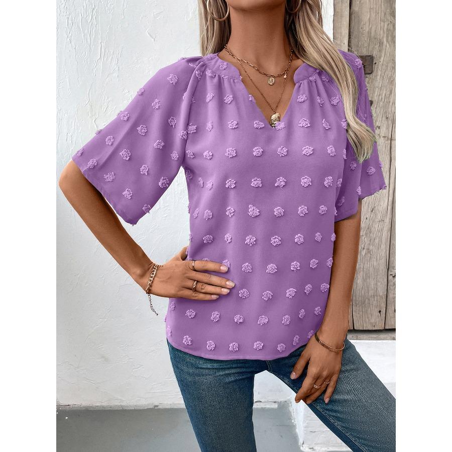 Women's Comfortable Loose Jacquard Blouses & Shirts V-neck Short Sleeved Top for Women