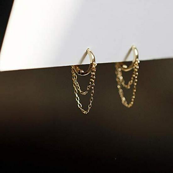 Elegant Double Line Tassel Earrings: 18K Gold, S925 Sterling Silver Studs, Copper Ornament, 14K Gold Chain.