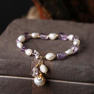 Natural Freshwater Pearl Shaped Amethyst Bracelet 14k Gold Wrap for Women's Valentine's Day Gift Handpiece Spacer Beads