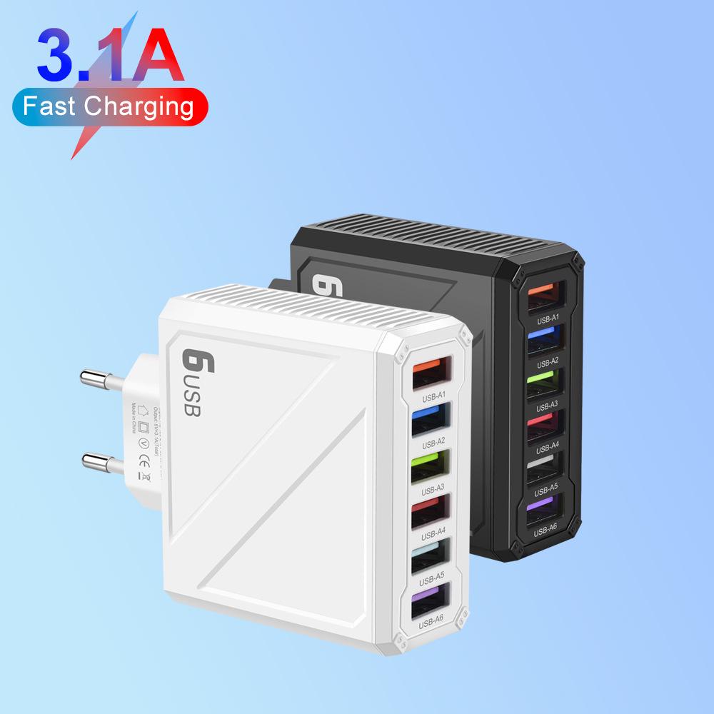 Universal 6-Port USB Charger with 3.1A Output - Compatible with EU, US, UK, and Korean Plugs