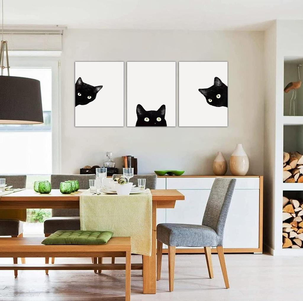 Black Cat Art Decorative Animal Cat Wall Modern Contemporary Poster Sofa Background Wall Hanging for Living Fully Framed 3-Panel Panel, Painting, Art,