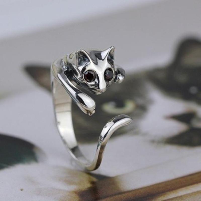 Verstellbarer, offener Fingerring für Damen in niedlicher Tier-Katzenform mit Strasssteinen