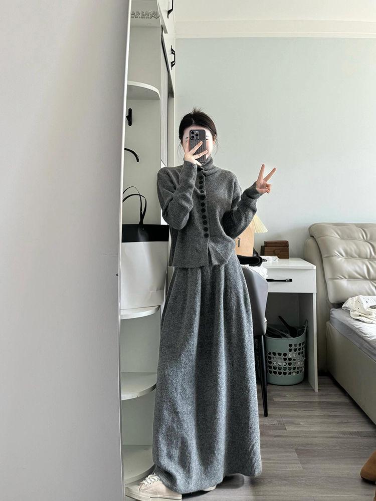 Solid Color High Neck Sweater & Midi Skirt Two-Piece Set - Women's Autumn/Winter Loose Knit Korean Style Cardigan.