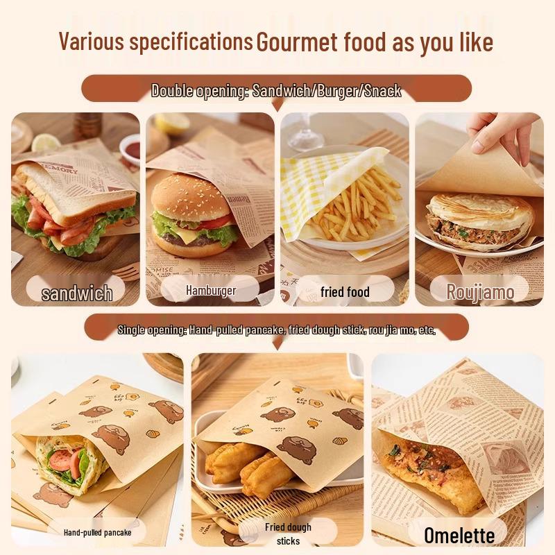 Jednorazowa papierowa torba odporna na olej na kanapki, hamburgery, naleśniki i artykuły śniadaniowe