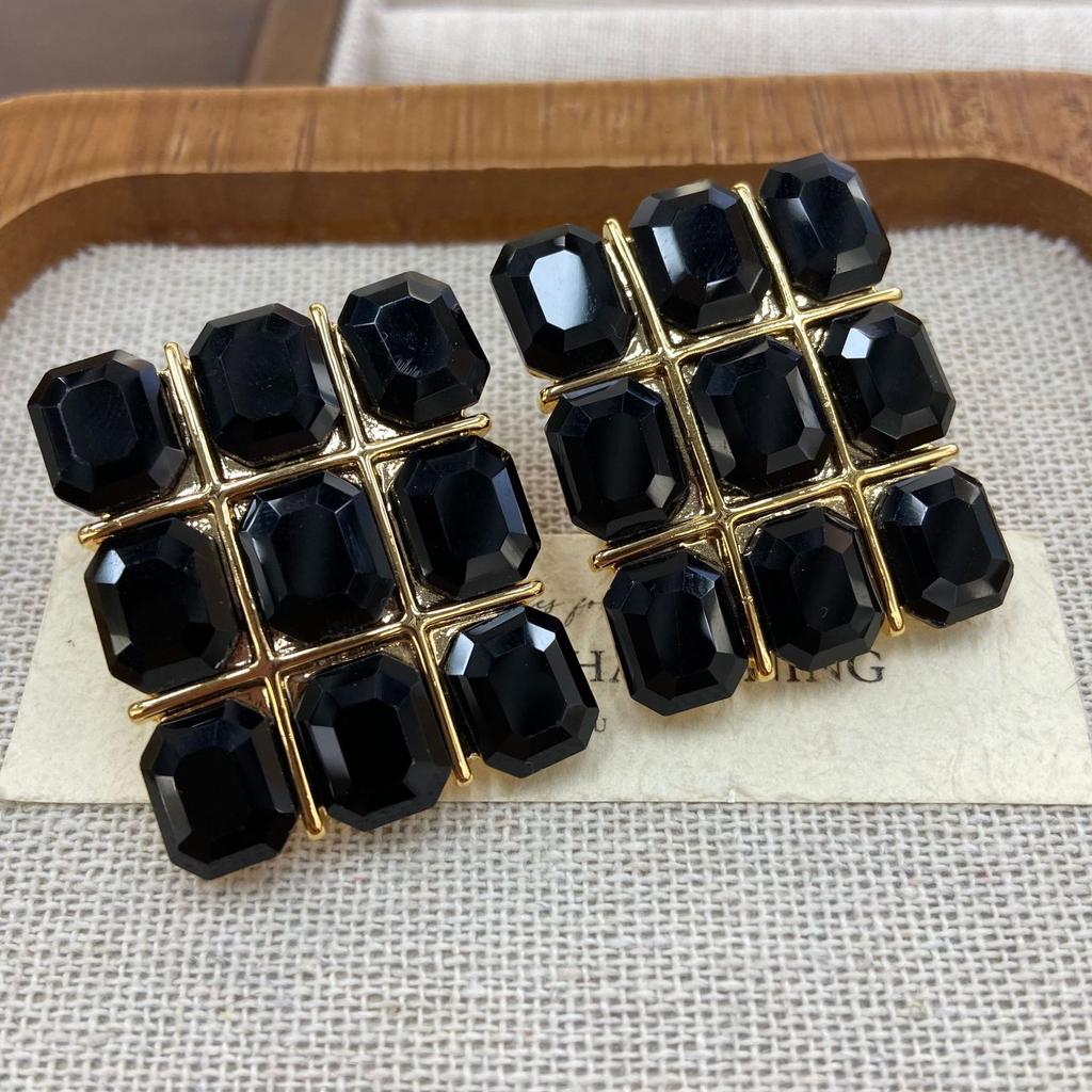 Fashion Retro Style Coffee White Glazed Earrings Jiugongge High-End Sense Medium And Ancient Style Stud Earrings Female