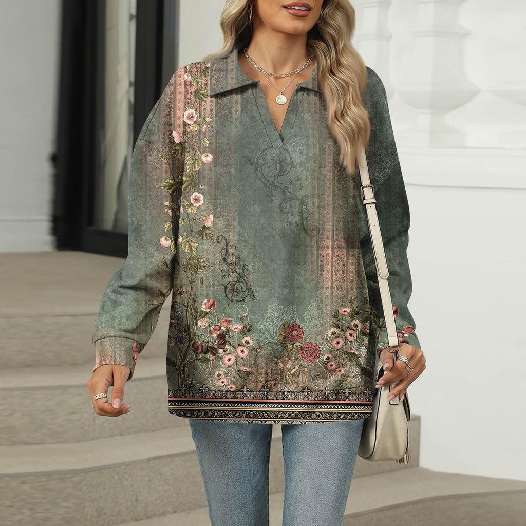 Women's Summer Fashion Casual  Printed V-Neck Long Sleeve Shirt Top