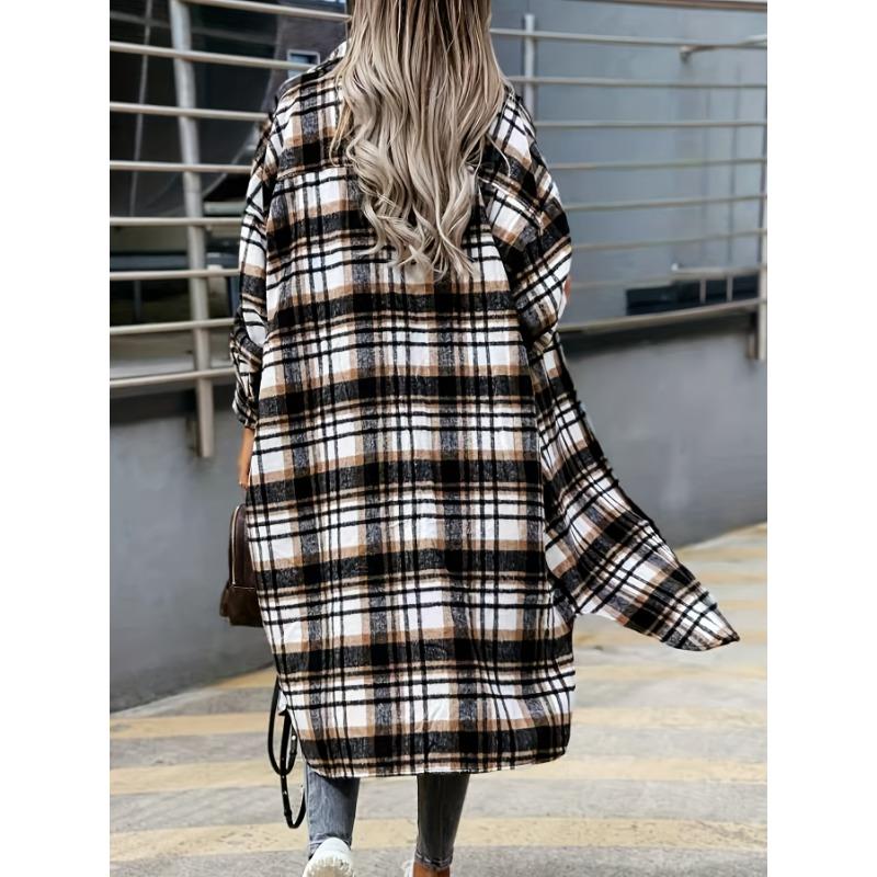 Stylish Plaid Print Womens Long Jacket - Relaxed Casual Button Front with Flap Pockets - Durable Outerwear for Everyday Fashion