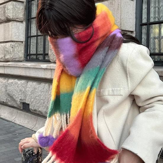 Women Scarf Rainbow Color Striped Scarf with Plush Balls Tassel Winter Thickened Warm Couple Scarf Versatile Wear