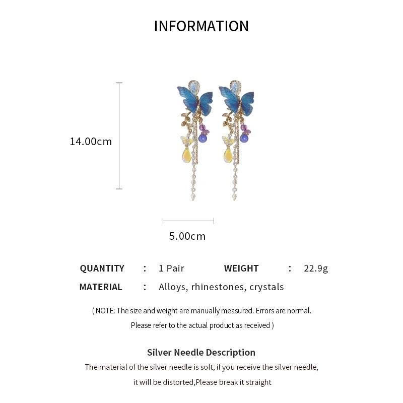 Blue Butterfly Drop Earring For Women Imitation Pearl Crystal Long Tassel Chain Rhinestone Earring Party Wedding Jewelry Gifts