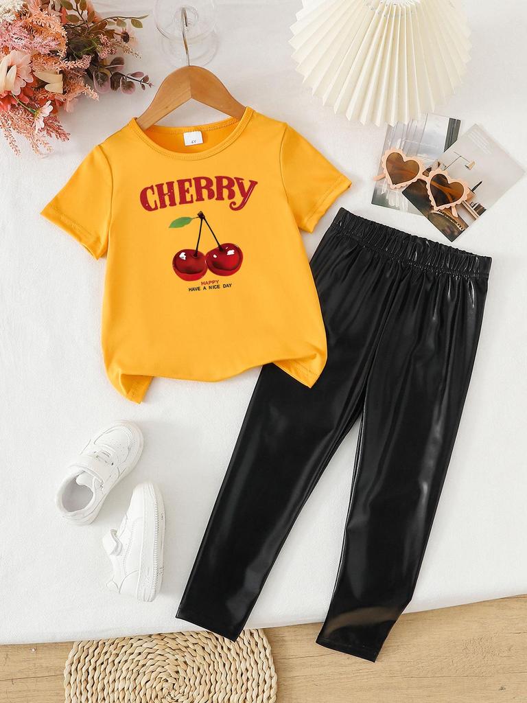 Summer Girls' Fashionable Two-Piece Clothing Set: Short Sleeve Top & Printed Long Pants